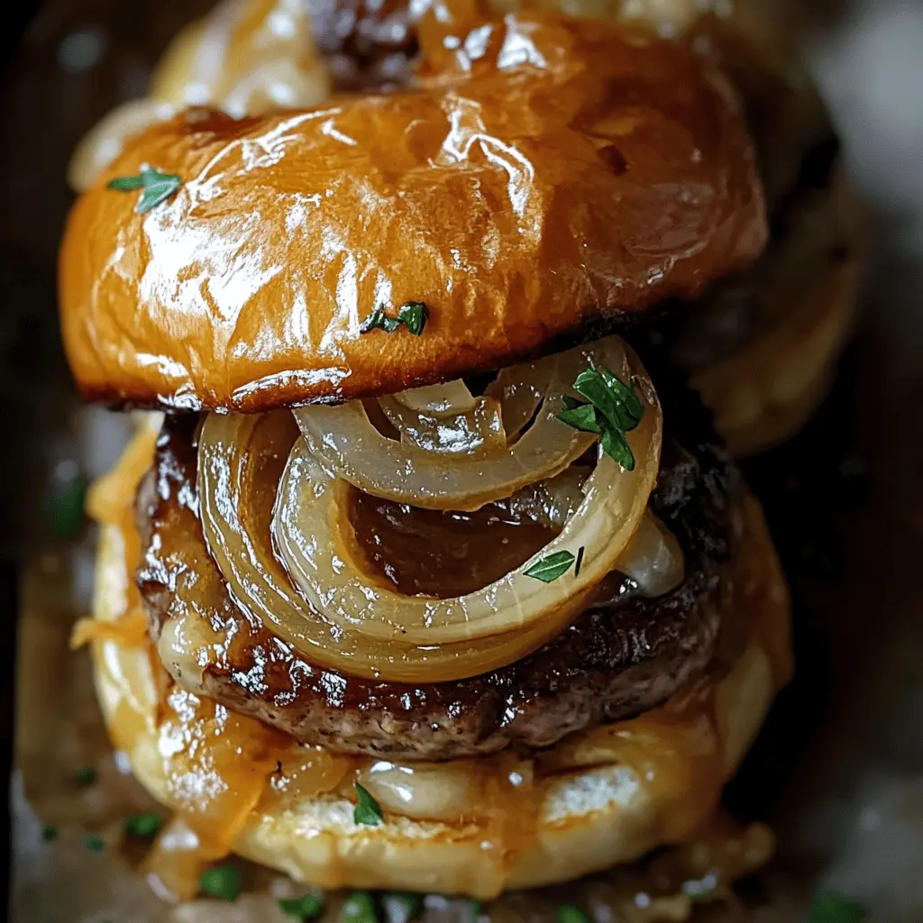 Juicy, cheesy, and bursting with flavor, these French Onion Burgers are a game-changer for your backyard BBQ! Featuring savory caramelized onions and melted Gruyère cheese, they're perfect for impressing friends and family. Save this recipe for your next gathering or a cozy dinner night at home!