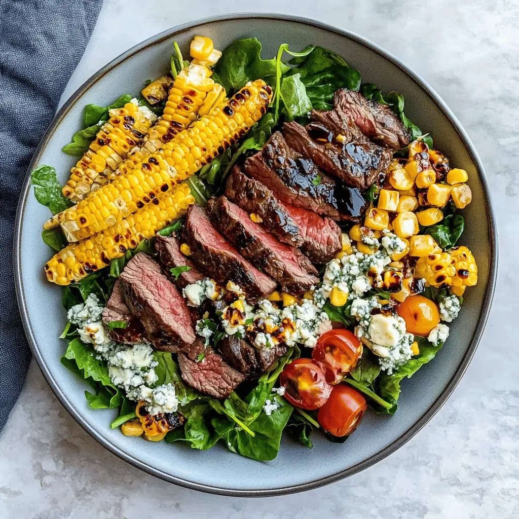 This Balsamic Steak Gorgonzola Salad with Grilled Corn is a perfect blend of savory steak, creamy Gorgonzola, and sweet, smoky corn! It's a delightful dish bursting with flavor, ideal for summer picnics or weekday dinners. Save this pin to try out this fresh and filling salad that everyone will love! Perfect for entertaining or a healthy meal at home.