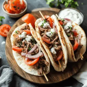 Taste the vibrant flavors of homemade Beef Gyros, featuring tender marinated beef, fresh vegetables, and a tangy tzatziki sauce all wrapped in warm pita bread. Perfect for weeknight dinners or casual gatherings, these gyros bring a slice of Mediterranean delight to your table. Save this recipe for your next meal adventure!