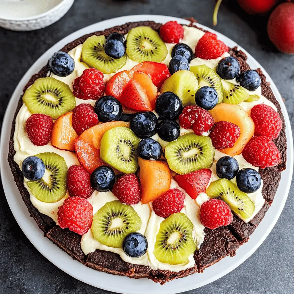 This Brownie Fruit Pizza is a fun twist on a classic dessert! With a rich brownie crust and a colorful array of fresh fruit, it’s perfect for parties or family gatherings. Topped with creamy frosting to tie it all together, this dessert will surely be a crowd-pleaser. Save this recipe for your next get-together and impress your guests with this delightful treat!