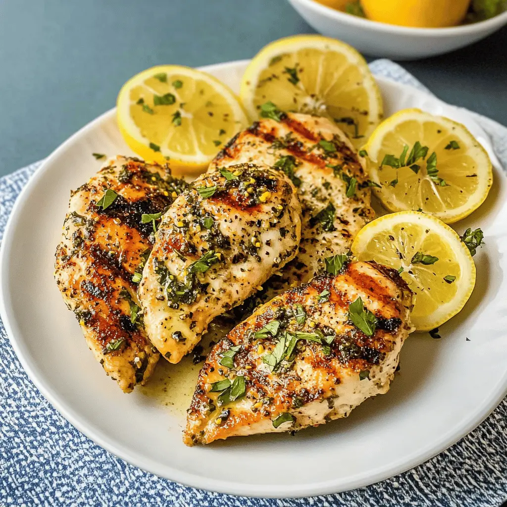Juicy grilled chicken breasts infused with zesty lemon and rich garlic make the perfect weeknight dinner! This easy recipe features simple ingredients that deliver big flavor and is perfect for summer BBQs or family gatherings. Save this delicious recipe for a healthy meal that everyone will love. Your taste buds will thank you!