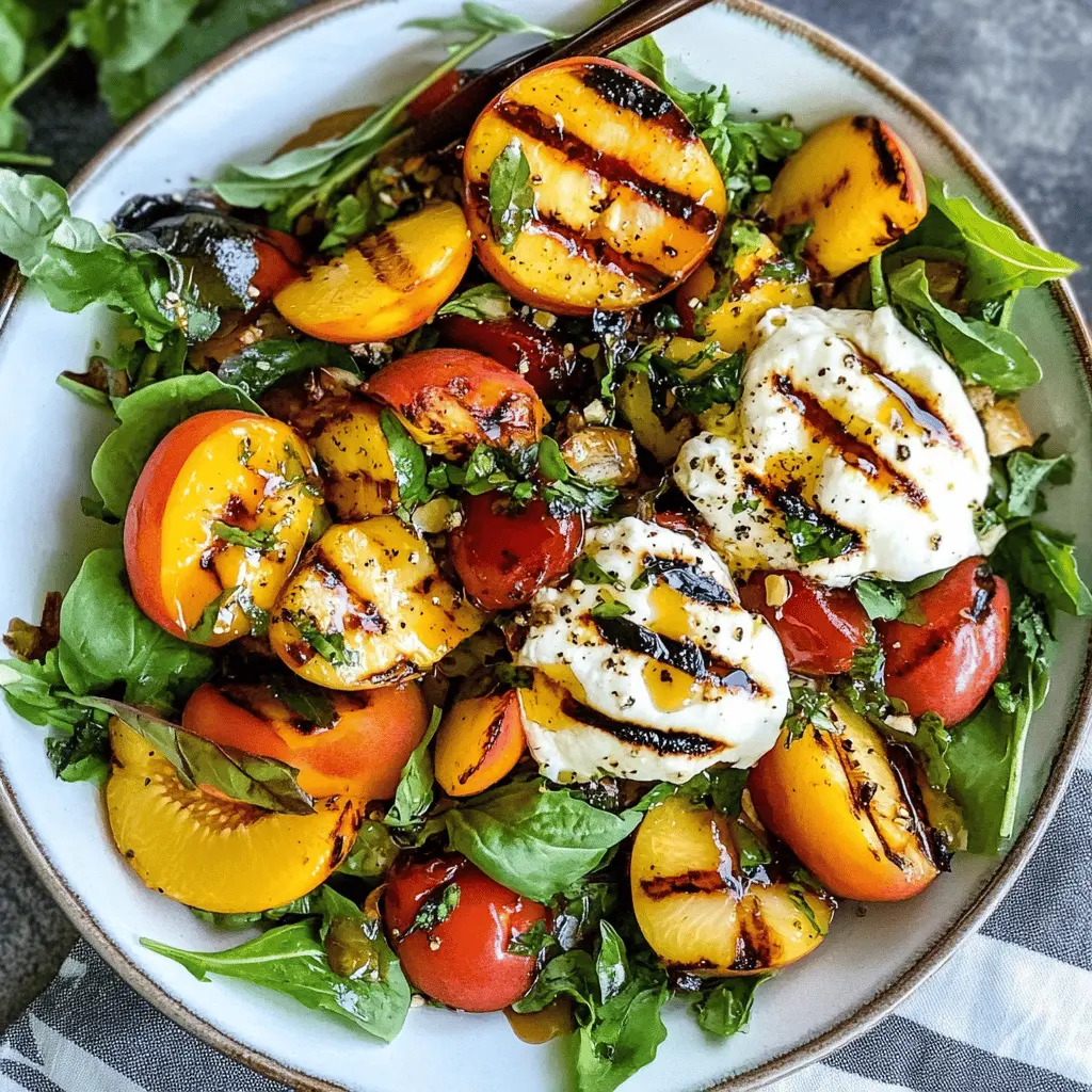 This Grilled Peach and Burrata Salad brings summer flavors to your table! Juicy, caramelized peaches paired with creamy burrata create a delightful contrast in every bite. Tossed with fresh greens and drizzled with a balsamic glaze, it’s perfect for picnics or dinner parties. Save this recipe to impress your guests with a dish that’s both simple and elegant!