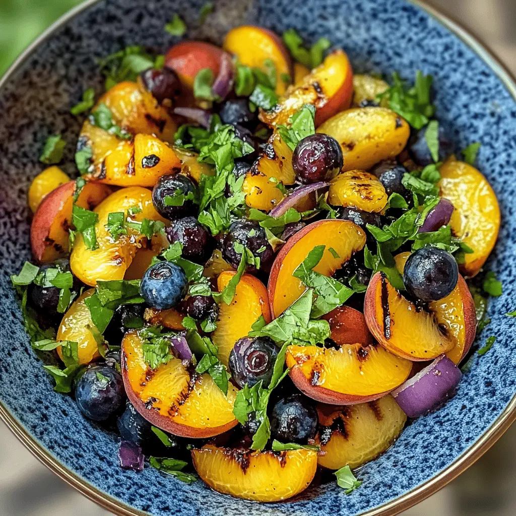 Fresh and fruity, this Grilled Peach Blueberry Salad is perfect for summer gatherings! Bursting with sweet grilled peaches and juicy blueberries, it's a delightful blend of flavors that will impress your guests. Tossed with spinach and a light vinaigrette, this dish is both healthy and delicious. Save this recipe for your next picnic or barbecue!