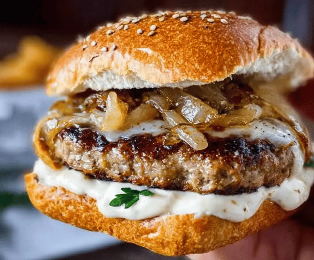 Easy Turkey Burgers with Sweet Caramelized Onions and Garlic Aioli