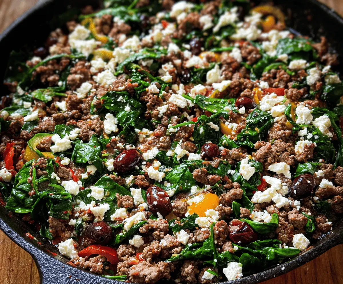 Easy Ground Beef and Spinach Skillet with Feta