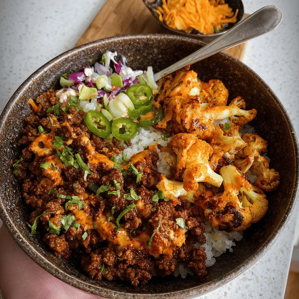 Crispy Chile Ground Beef & Cauliflower Bowls