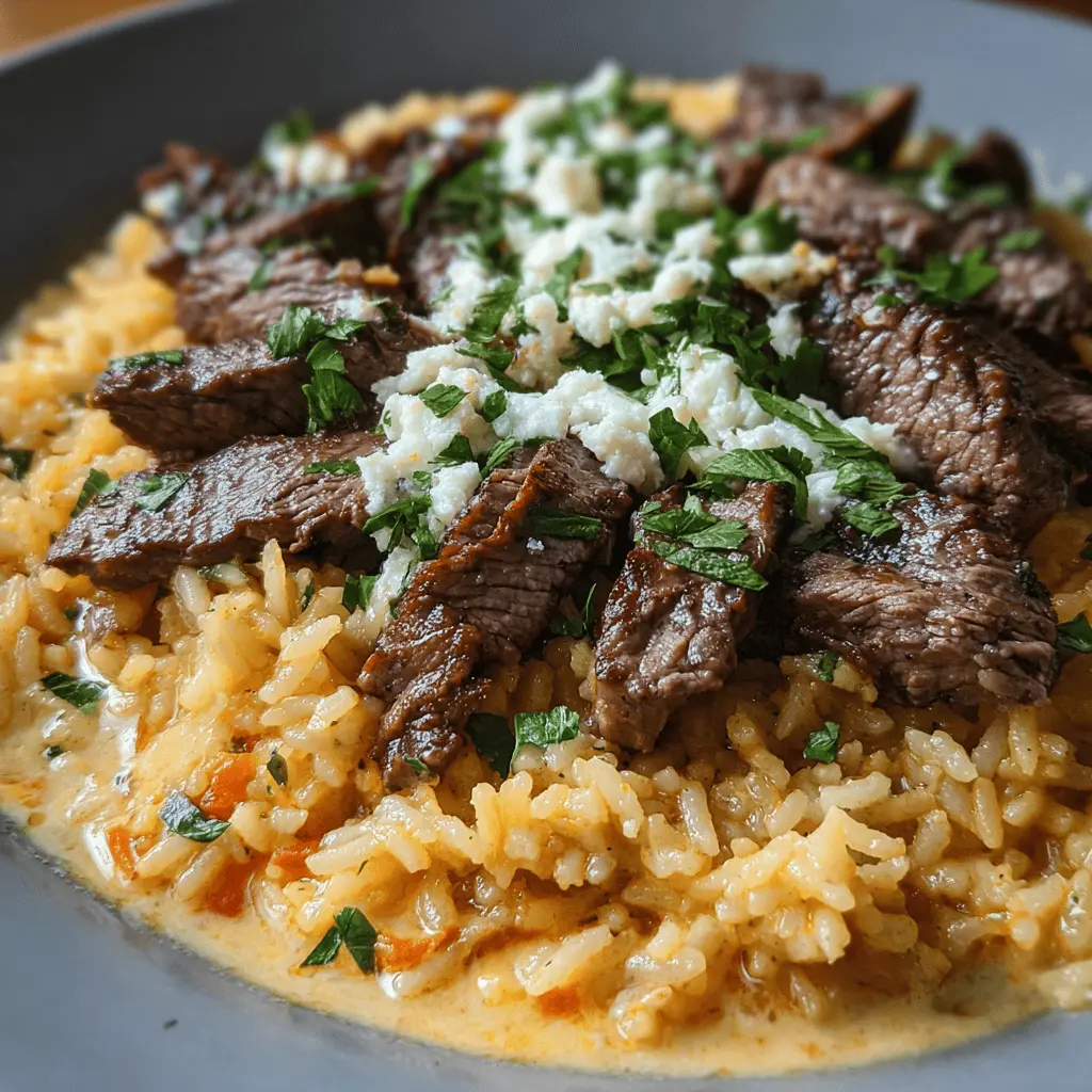 Creamy Queso Rice with Tender Steak Strips