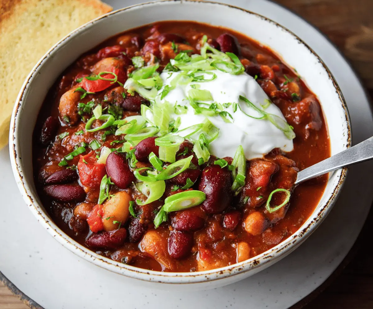 Delicious 3-Bean Chili in a bowl topped with fresh herbs and shredded cheese, served with a side of cornbread on a rustic table