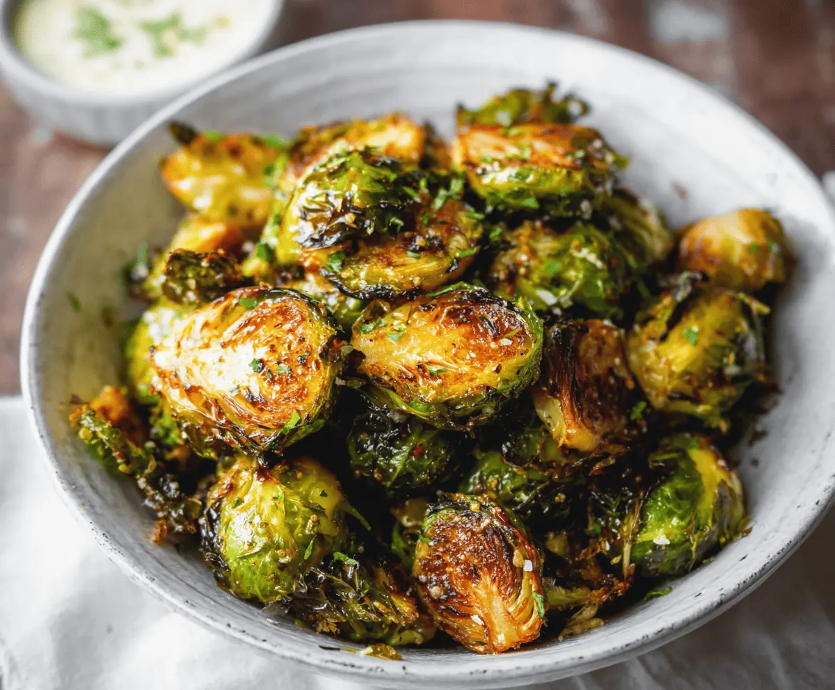 Crispy roasted Brussels sprouts cooked in an air fryer, garnished with balsamic glaze and sprinkled with sea salt, on a white plate.