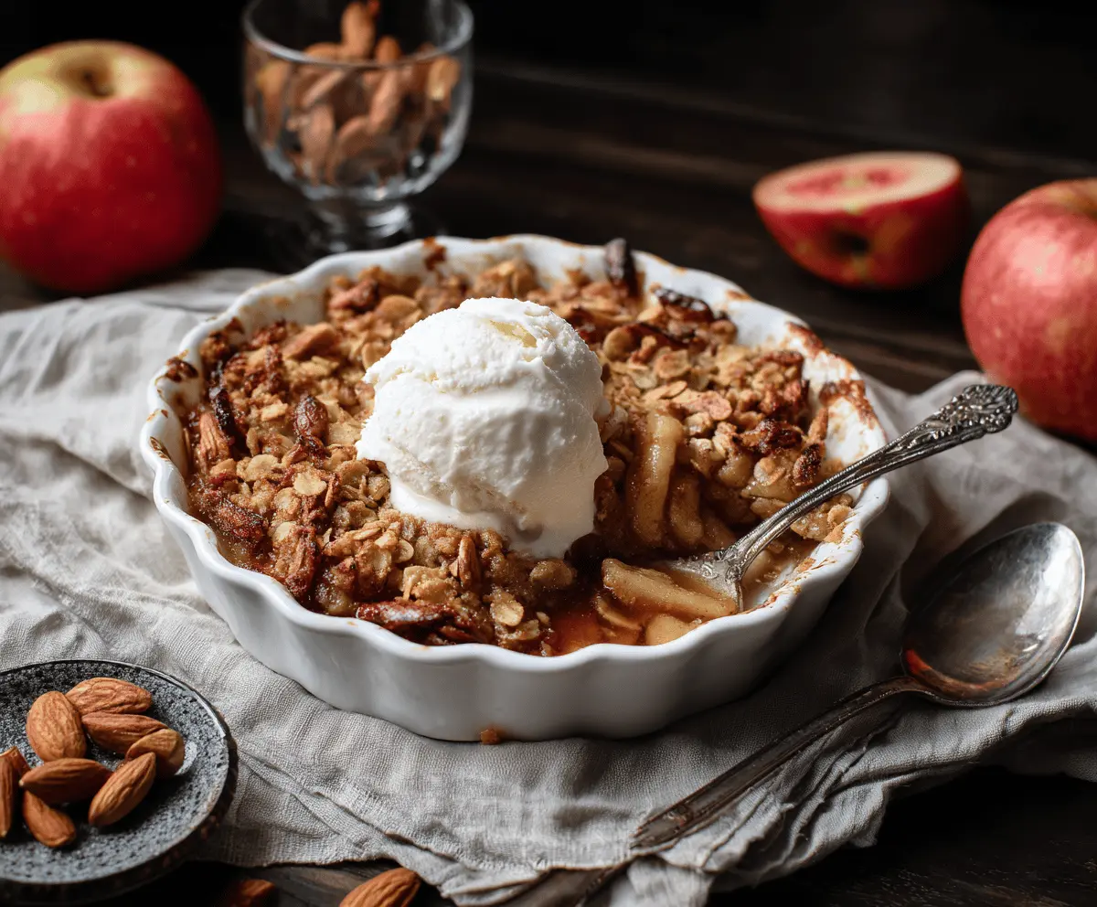Delicious almond apple crisp topped with golden toasted almonds and warm cinnamon-spiced apple filling in a baking dish