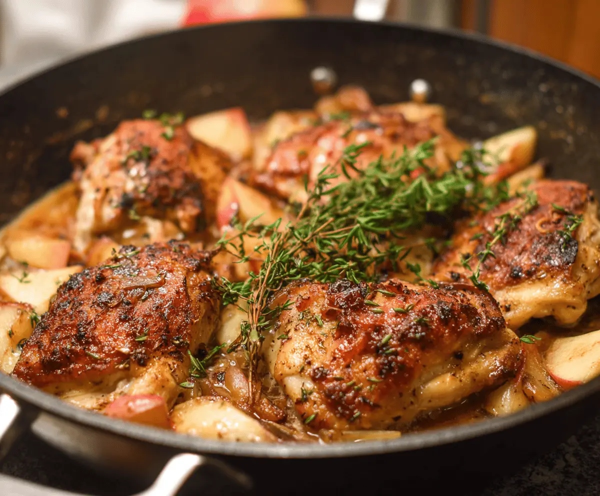 Juicy apple cider chicken cooked with fresh apples and herbs, perfect for a flavorful dinner recipe.