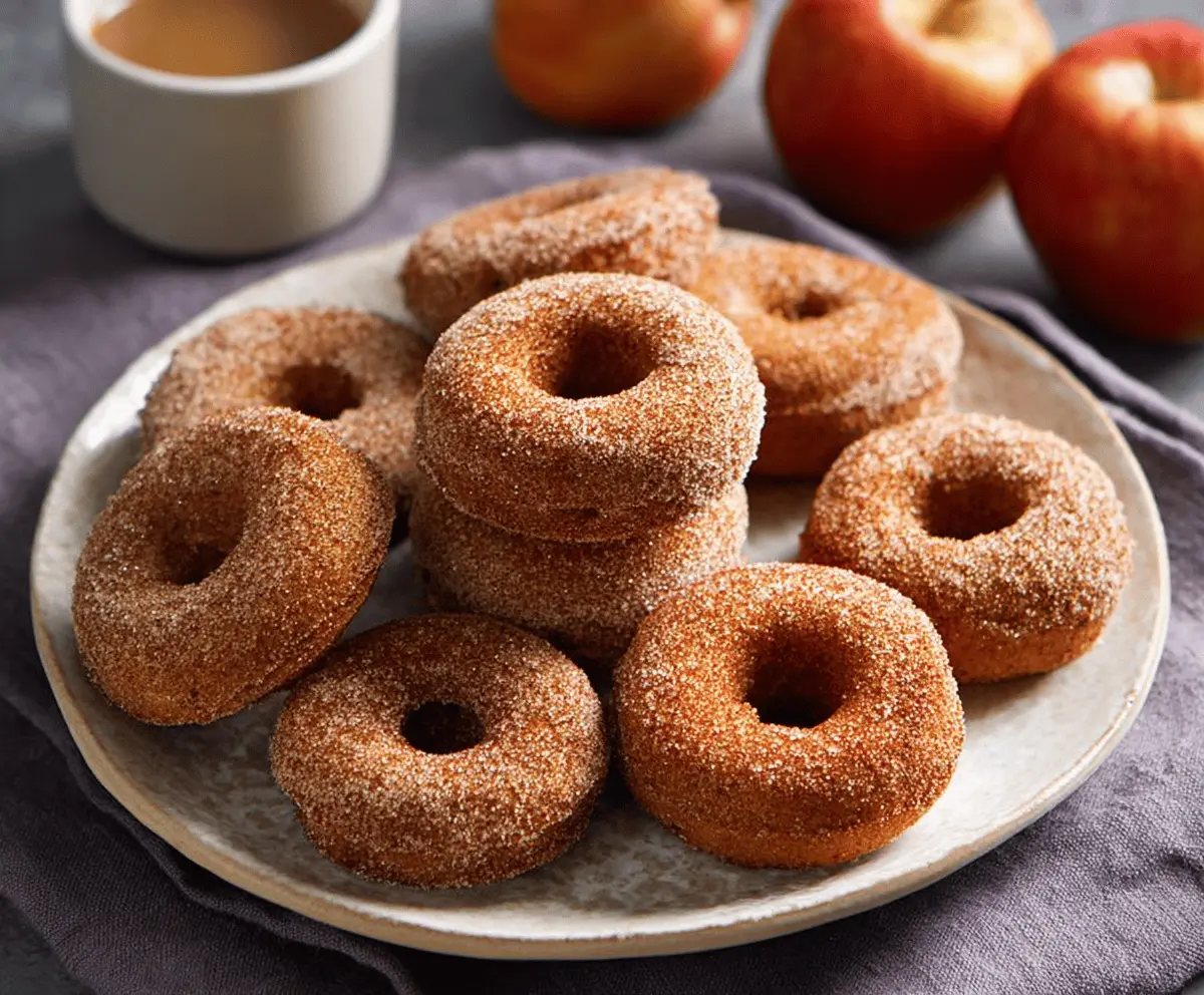 Freshly glazed apple cider donuts on a rustic wooden table, showcasing their golden-brown exterior and cinnamon-sugar coating perfect for fall treats.