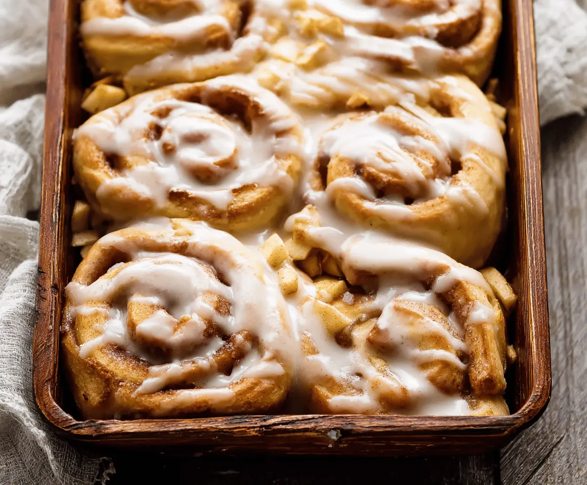 Delicious homemade apple cinnamon rolls topped with icing, featuring flaky dough, caramelized apple filling, and a sprinkle of cinnamon for a warm, sweet treat.