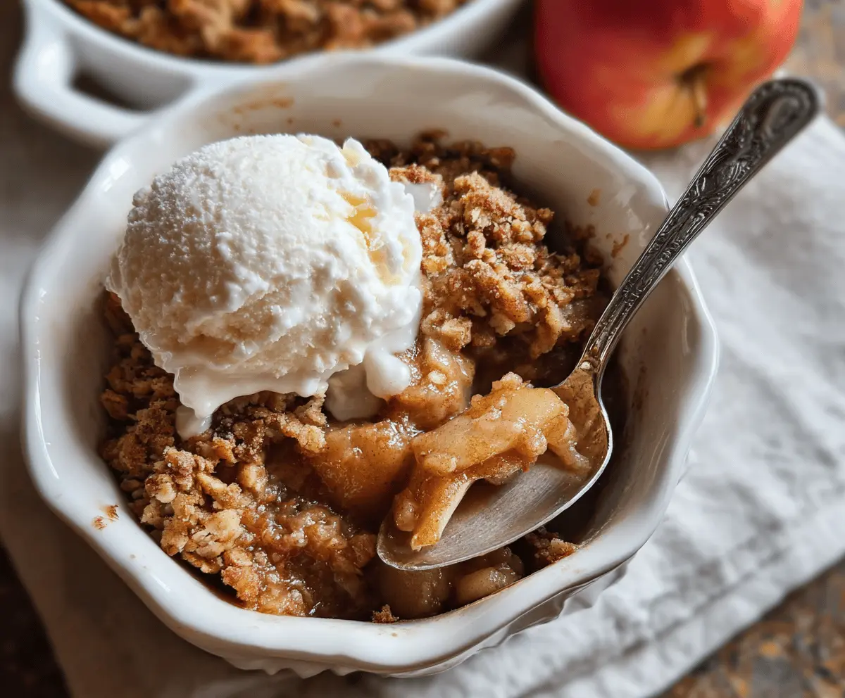 Delicious homemade apple pear crisp topped with golden-brown crumble, served in a rustic baking dish, perfect for a cozy dessert.
