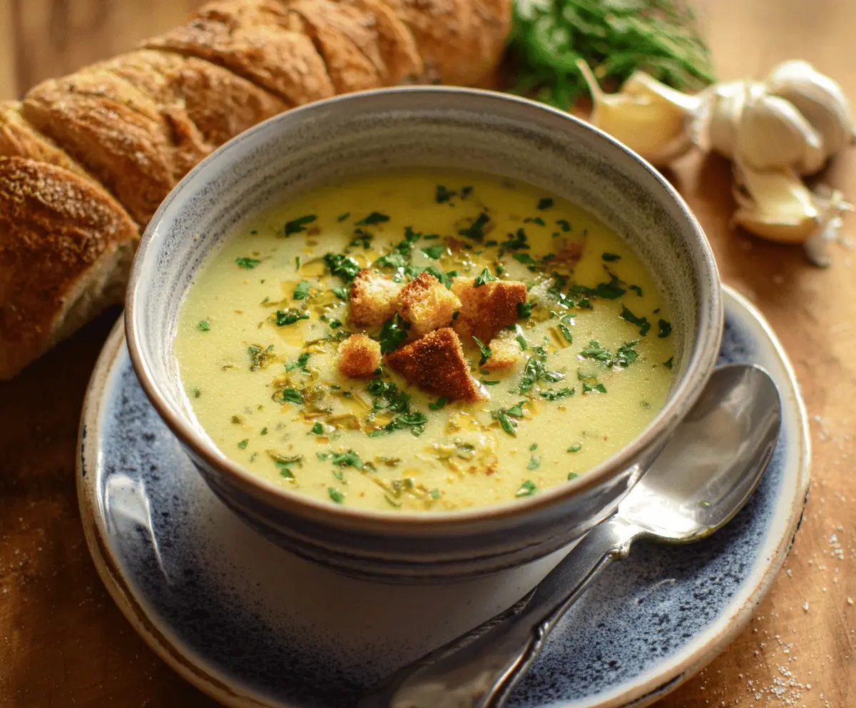 A bowl of steaming authentic Italian garlic soup garnished with fresh herbs and toasted bread on the side, served in a rustic ceramic bowl.