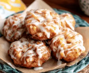 Delicious baked apple fritters topped with glossy glaze, served on a plate with a cinnamon-sugar coating and fresh apple slices.