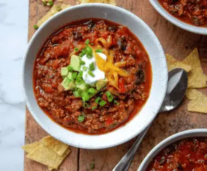 A steaming bowl of hearty bison chili topped with shredded cheese and fresh herbs, served with tortilla chips on the side.