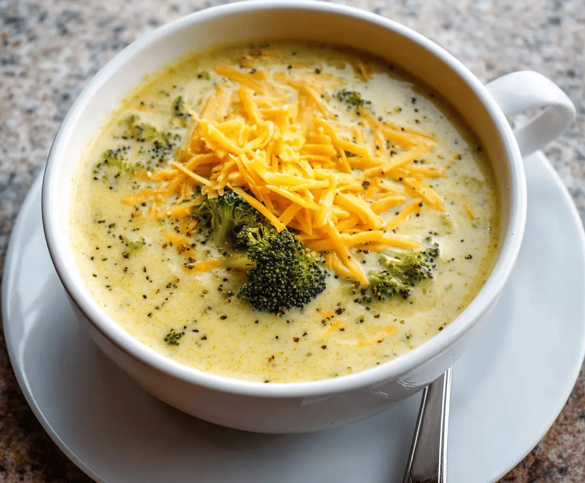 Creamy broccoli cheddar potato soup served in a bowl with fresh broccoli florets and shredded cheddar cheese on top, perfect for a cozy meal.