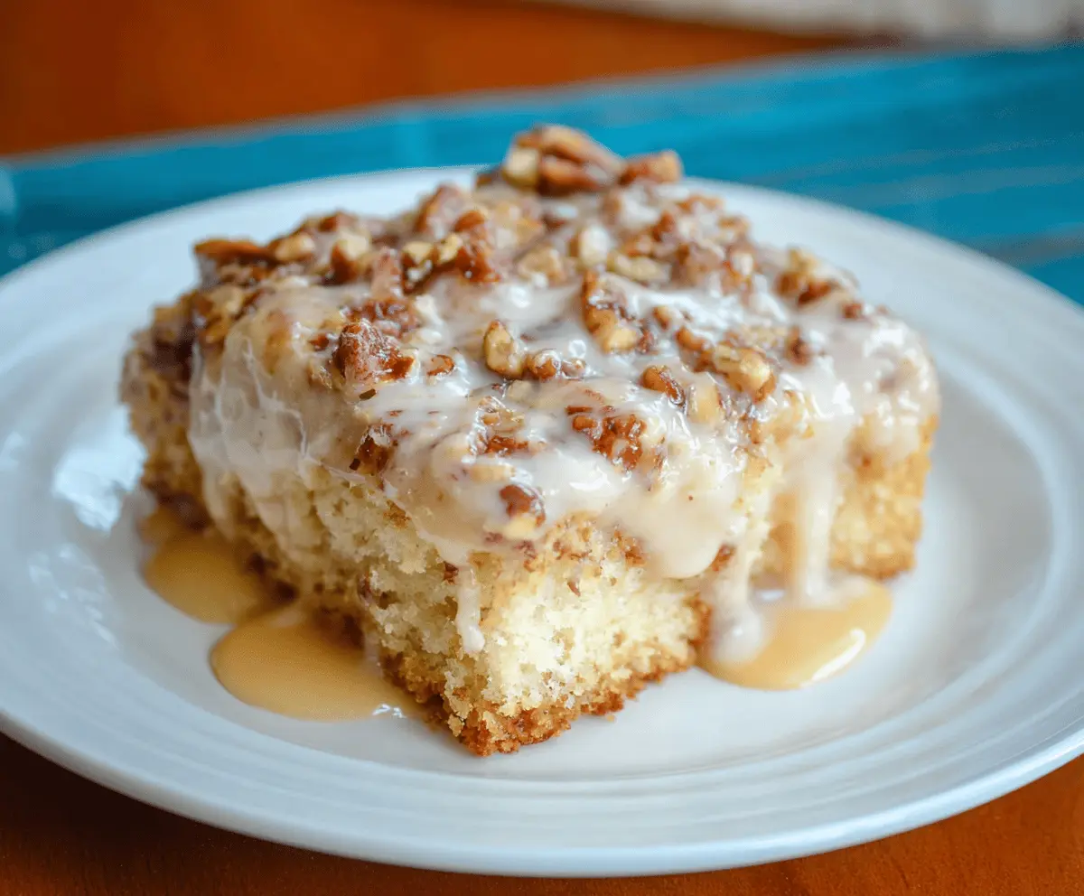 Delicious Butter Pecan Praline Poke Cake topped with caramelized pecans and creamy frosting, perfect for dessert lovers