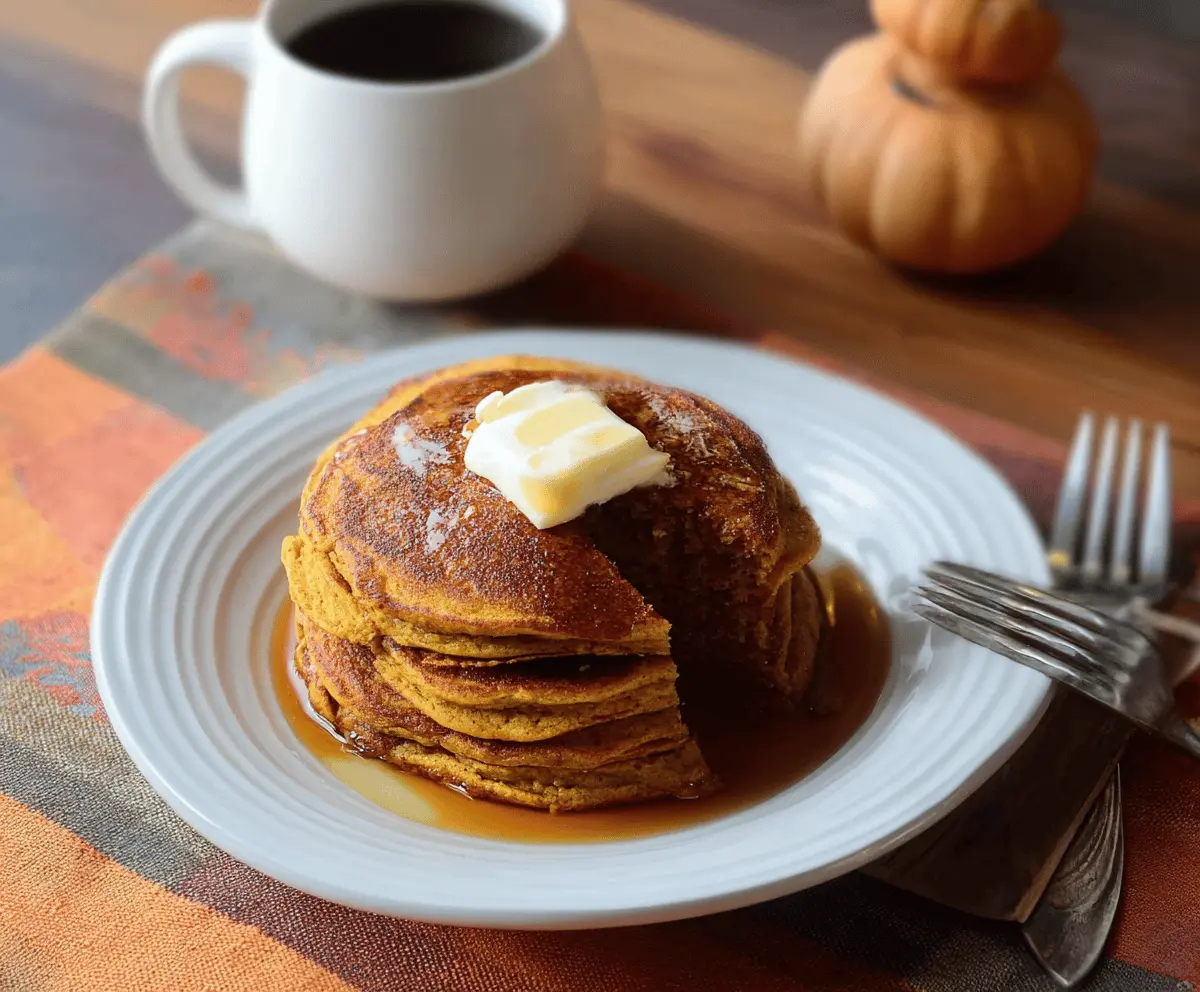 Delicious fluffy buttermilk pumpkin pancakes topped with syrup and fresh fruit on a breakfast plate