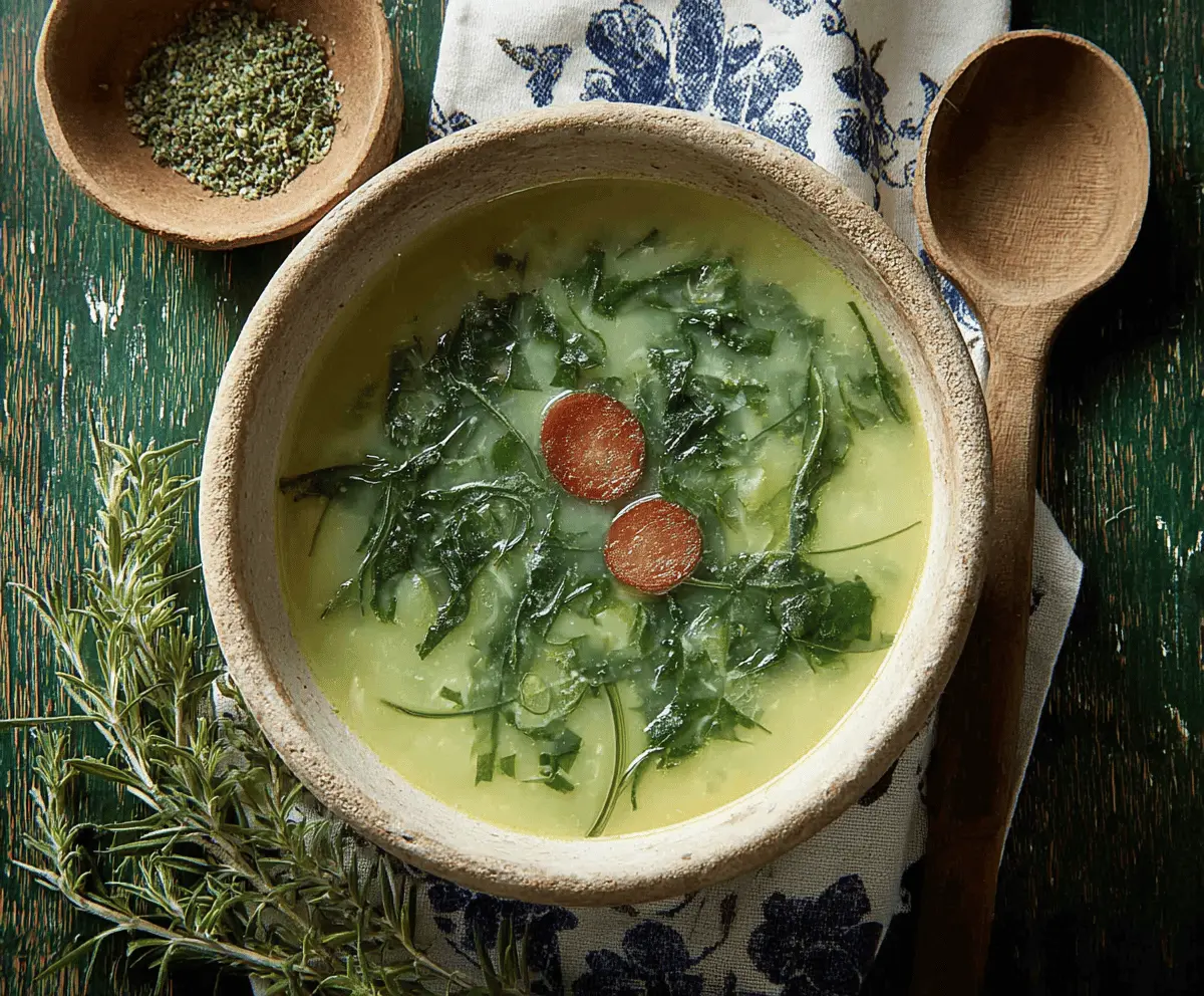 A steaming bowl of Caldo Verde, a traditional Portuguese kale soup with chorizo slices, potatoes, and olive oil, served in a rustic bowl with bread on the side.