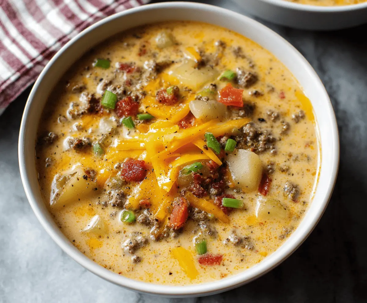 Creamy cheeseburger soup with ground beef, melted cheese, and fresh vegetables served in a bowl