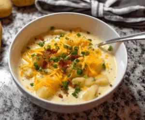 A steaming bowl of creamy cheesy potato soup garnished with chopped herbs and shredded cheese, served with fresh bread on the side.