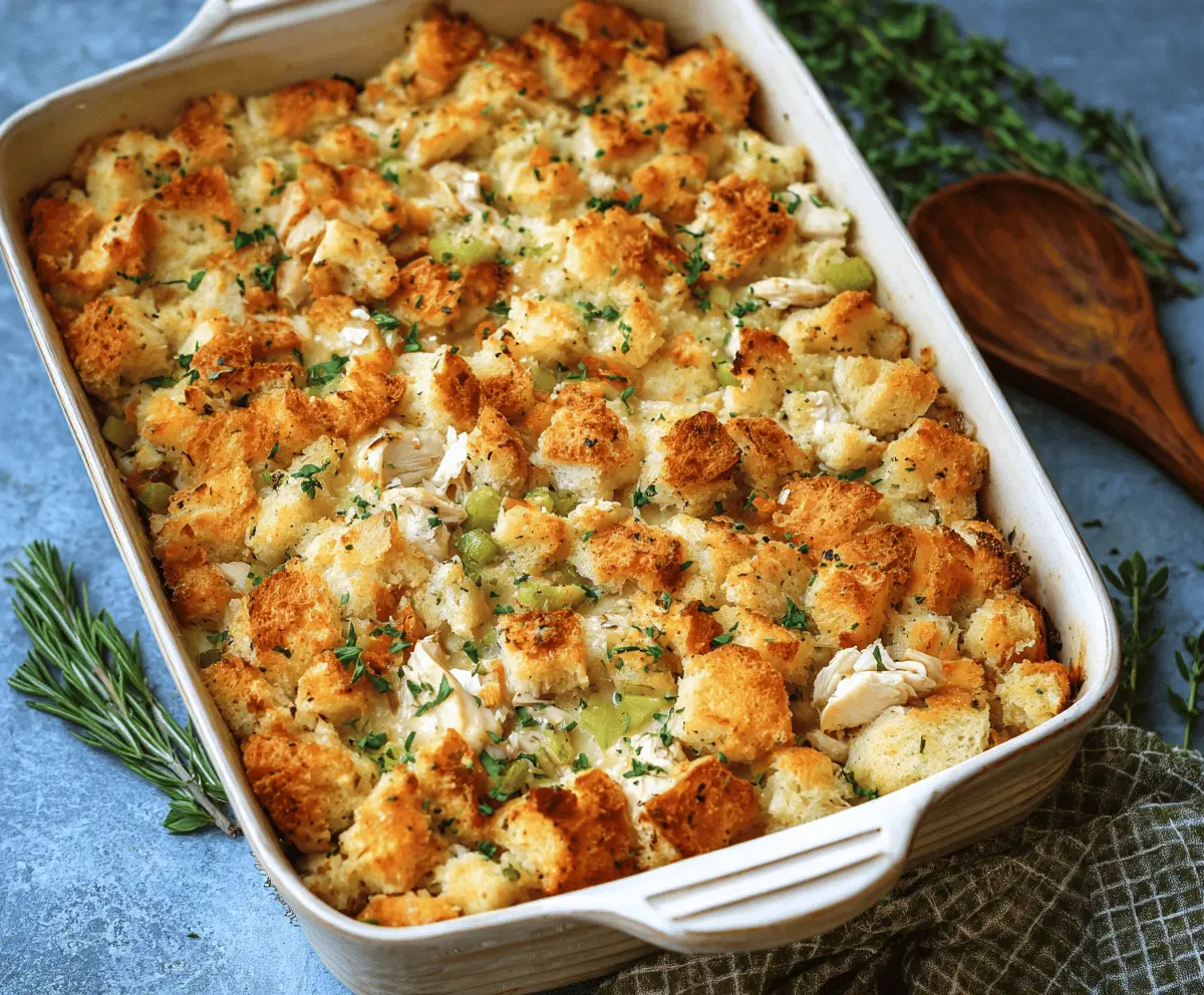 Delicious chicken and stuffing casserole topped with golden-brown crust, served in a baking dish with fresh herbs