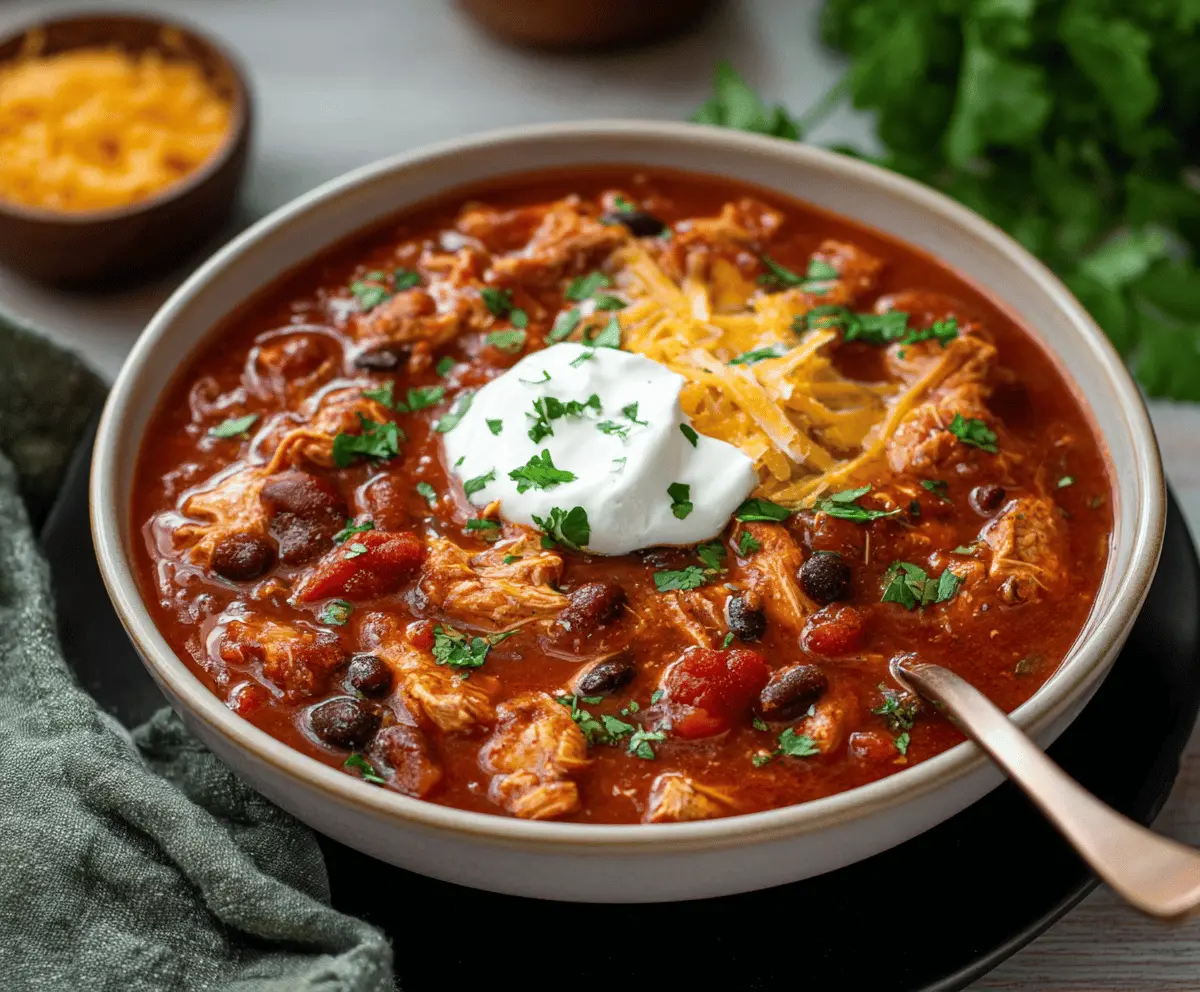 Delicious homemade chicken chili in a bowl topped with fresh herbs and melted cheese, ready to serve