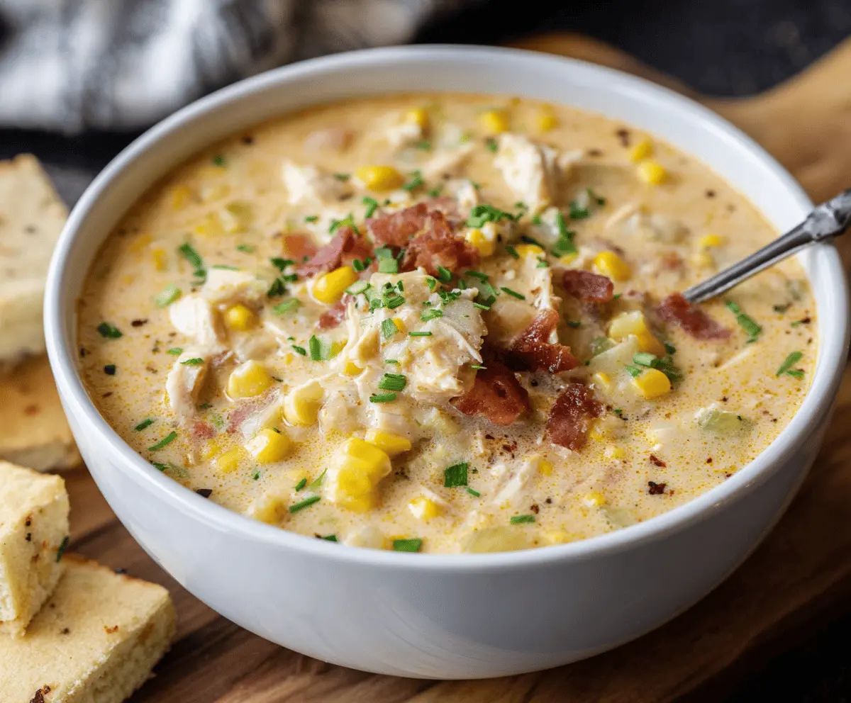 Creamy chicken corn chowder in a bowl topped with fresh herbs and crispy bacon, served with crusty bread on a rustic wooden table.