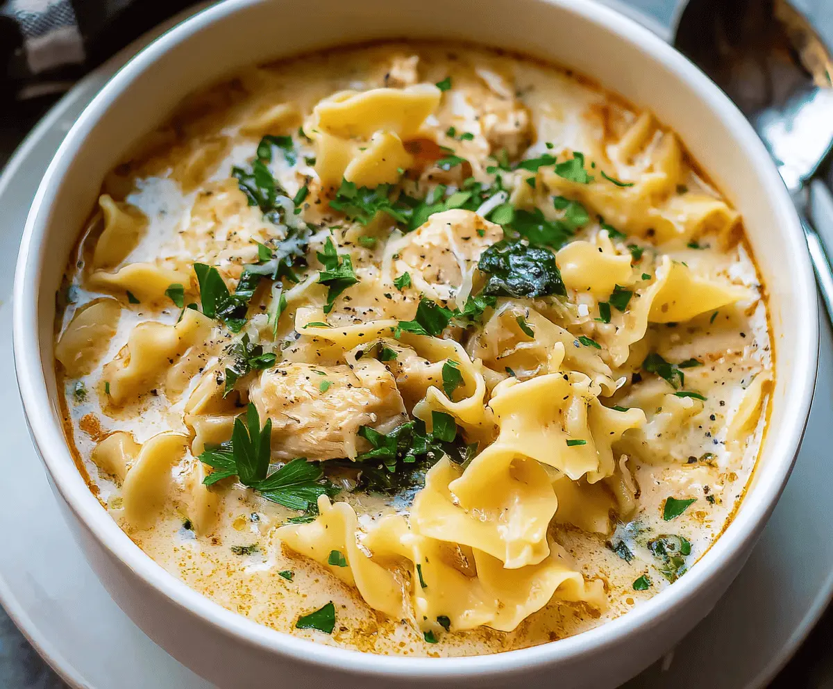 Creamy chicken lasagna soup topped with melted cheese, fresh herbs, and tender pasta noodles in a flavorful broth