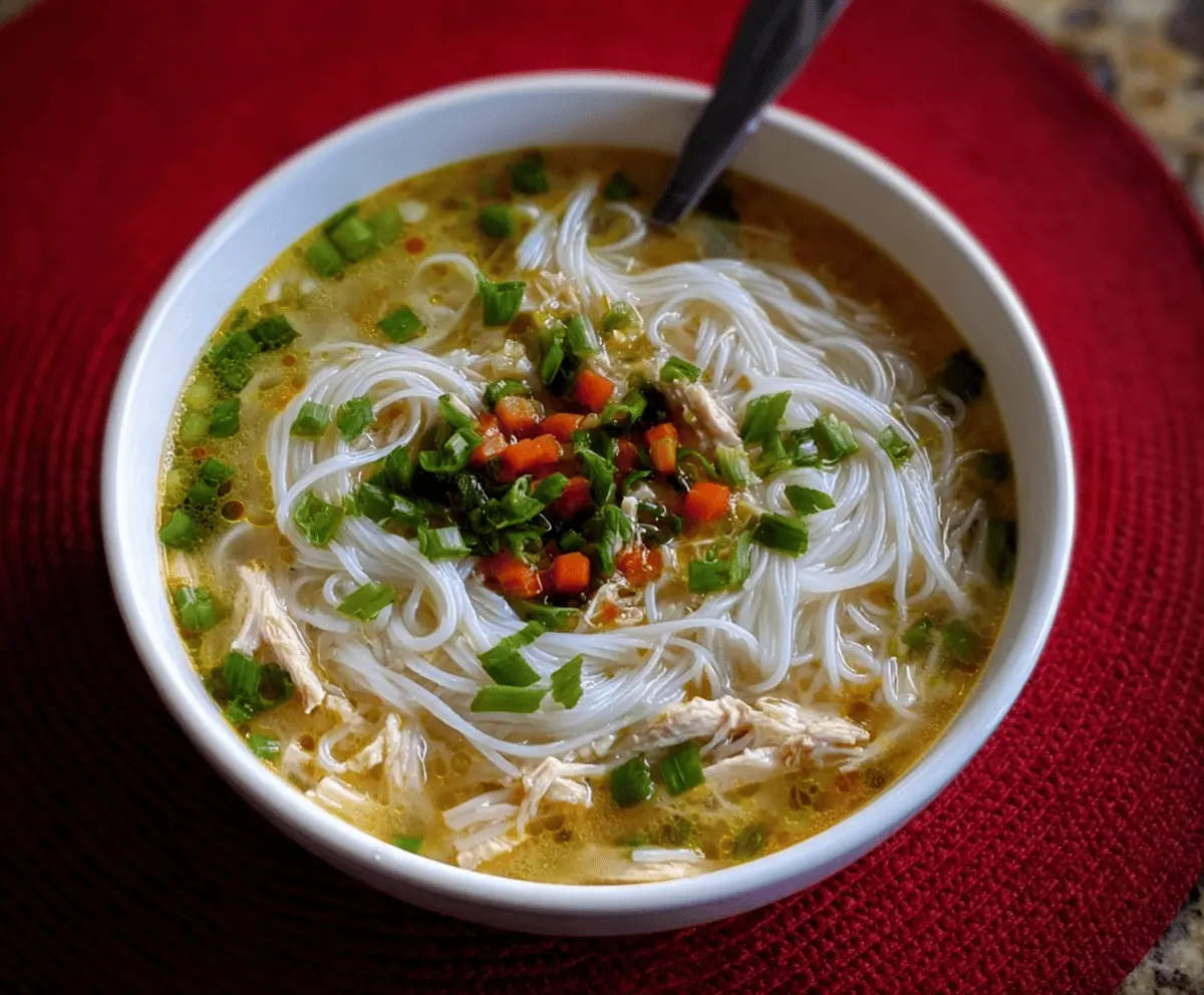 A bowl of hot chicken rice noodle soup with tender chicken slices, fresh herbs, and colorful vegetables, served with lime and chopsticks.