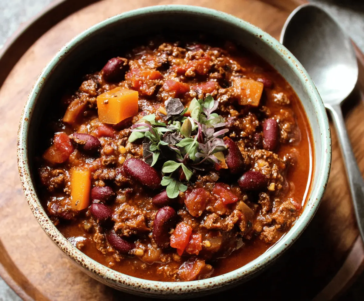 A delicious bowl of chocolate chili garnished with fresh herbs, showcasing a rich, hearty blend of chocolate and spicy chili flavors.