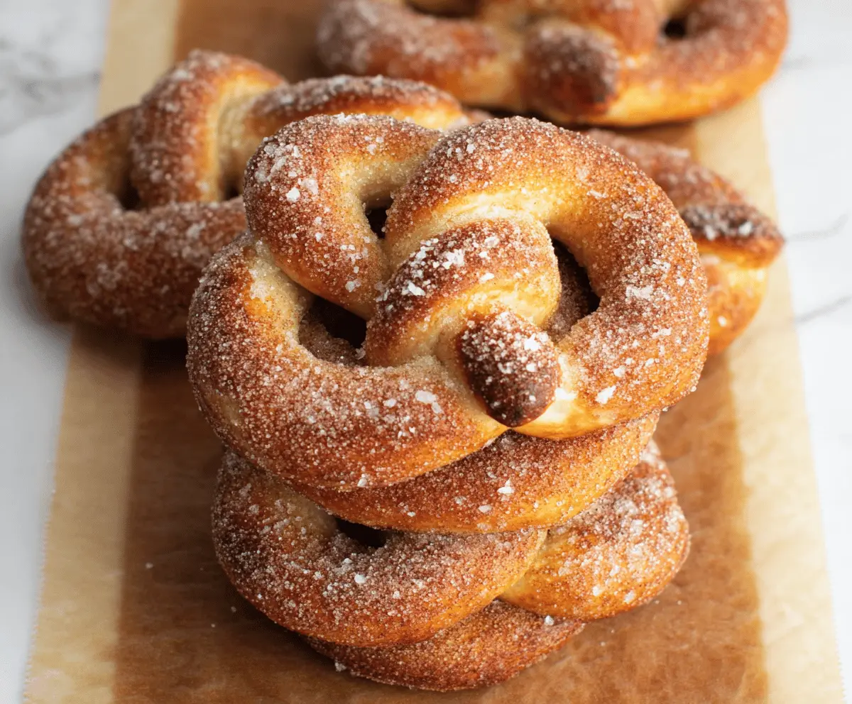 Delicious cinnamon sugar soft pretzels topped with cinnamon sugar, served warm and golden brown, perfect for snacking.