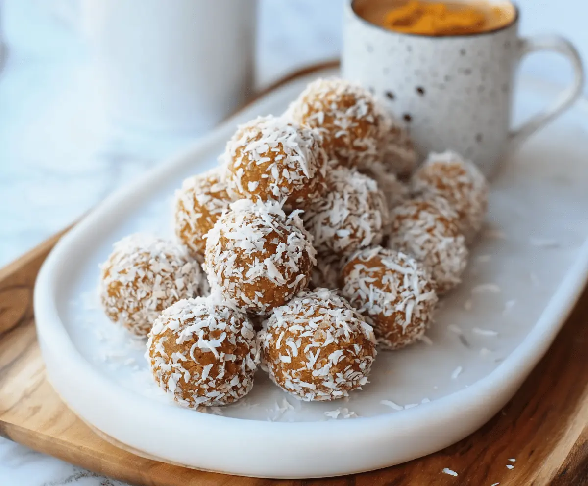 Delicious coconut pumpkin protein balls on a white plate, featuring a crunchy exterior and moist interior with shredded coconut and pumpkin seeds for a healthy snack