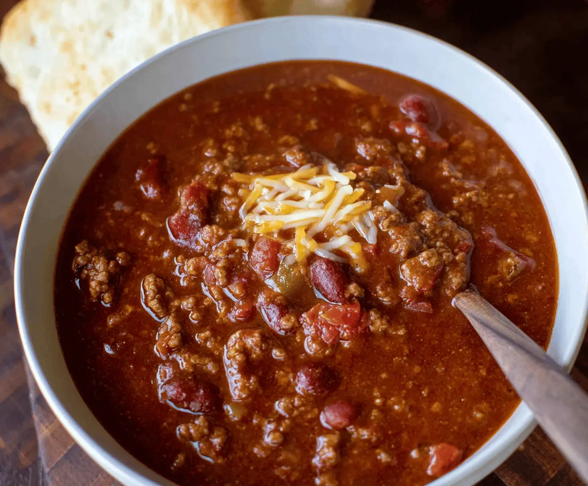 Delicious homemade Copycat Wendy's Chili served in a bowl with beans, ground beef, and spices, perfect for a comforting meal.