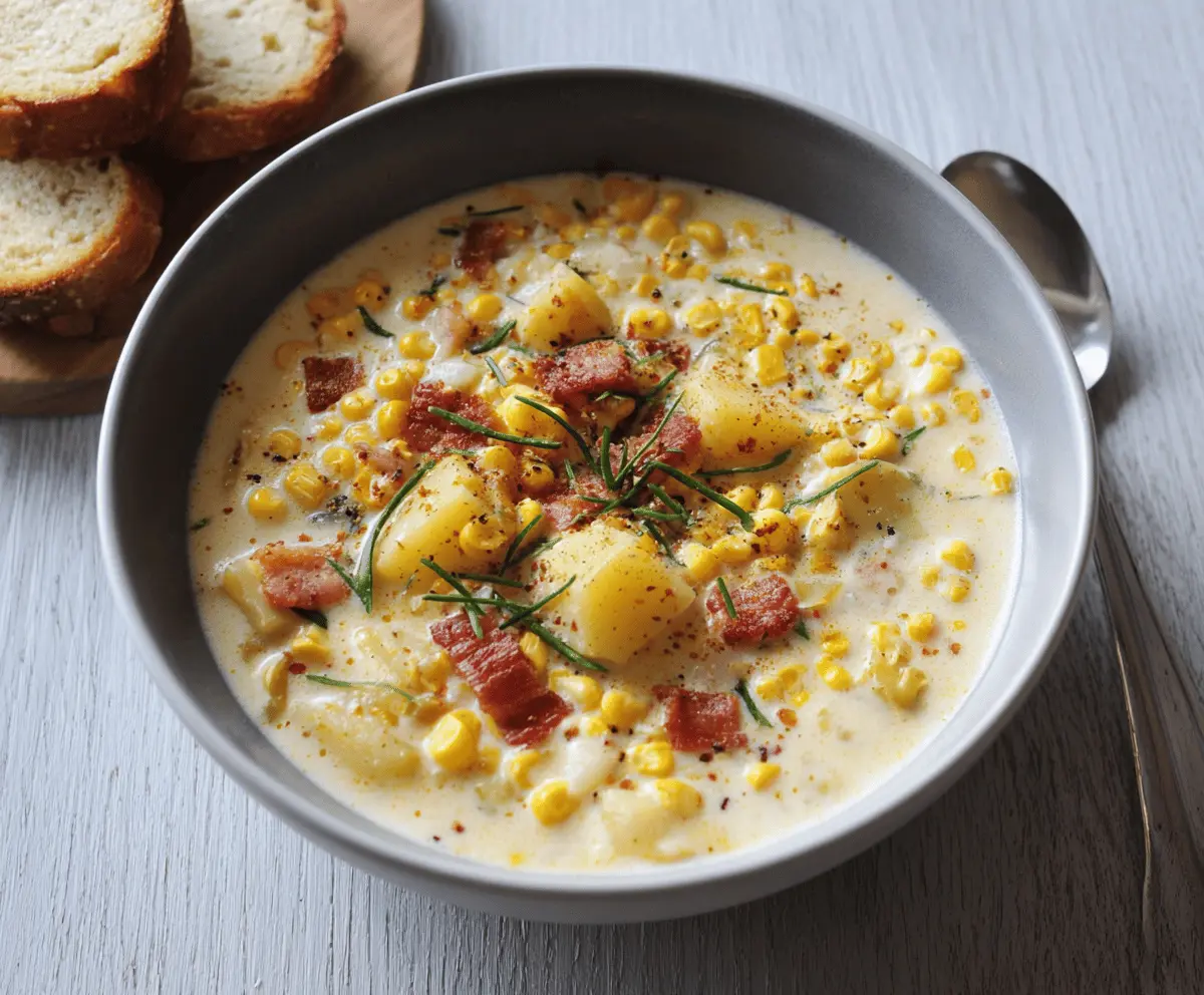 Creamy corn chowder served in a bowl, garnished with fresh herbs and crispy bacon bits, perfect for a warm, comforting meal.