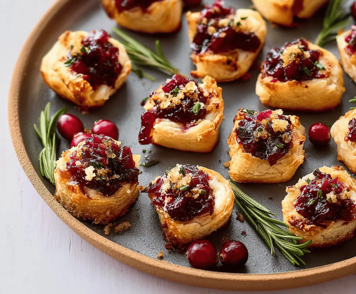 Delicious Cranberry Brie Bites topped with fresh cranberries and herbs, perfect for holiday appetizers and parties.