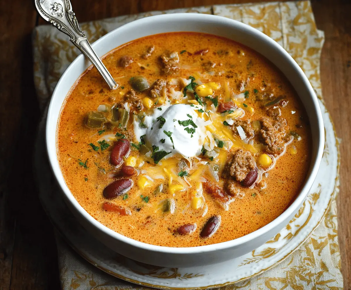 A bowl of creamy beef taco soup topped with shredded cheese, fresh cilantro, and sour cream, showcasing a hearty and flavorful Mexican-inspired dish.