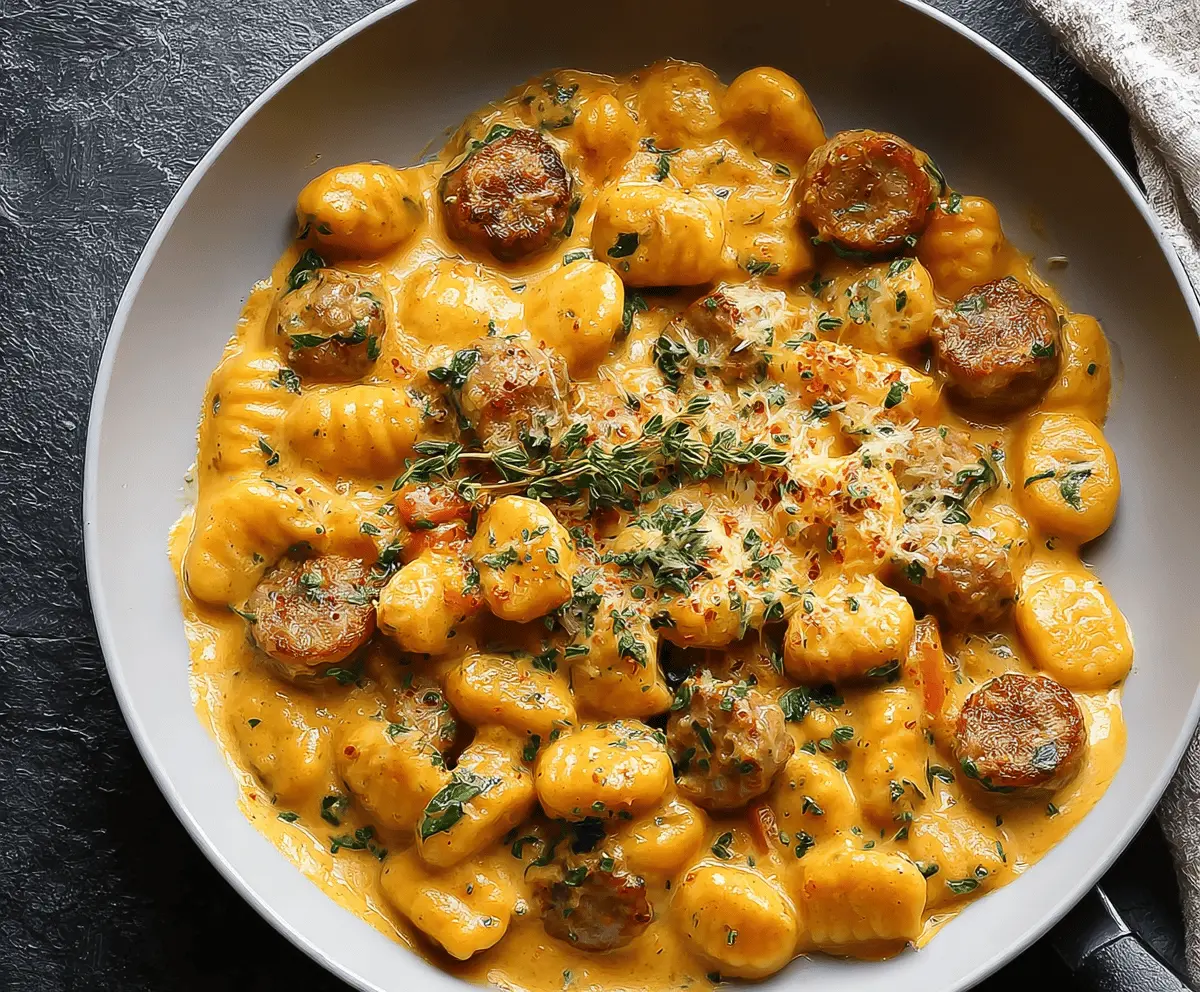 Creamy butternut squash gnocchi with sausage served on a white plate, garnished with fresh herbs, perfect for a comforting fall meal