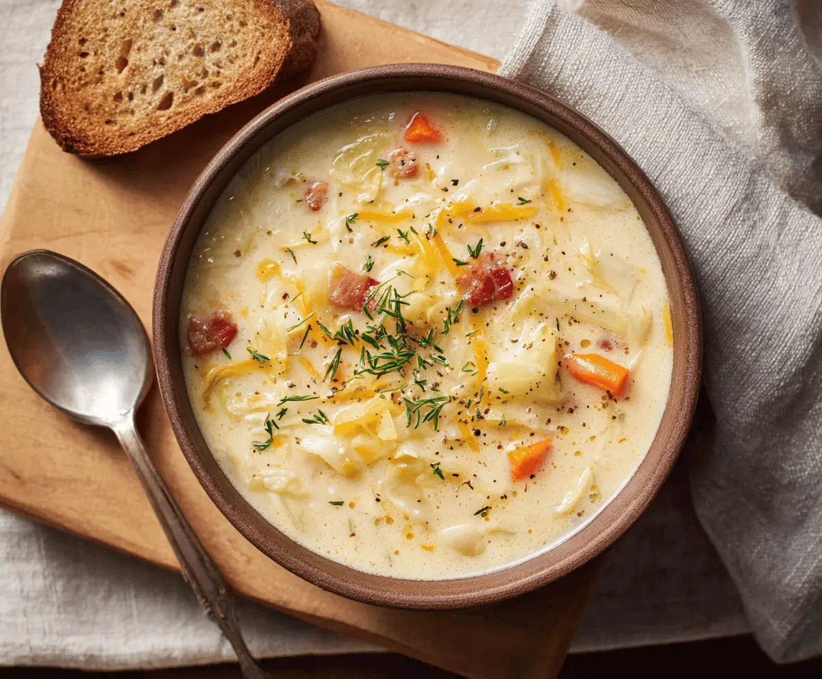 A bowl of creamy cabbage soup garnished with fresh herbs, served with bread on a rustic wooden table.