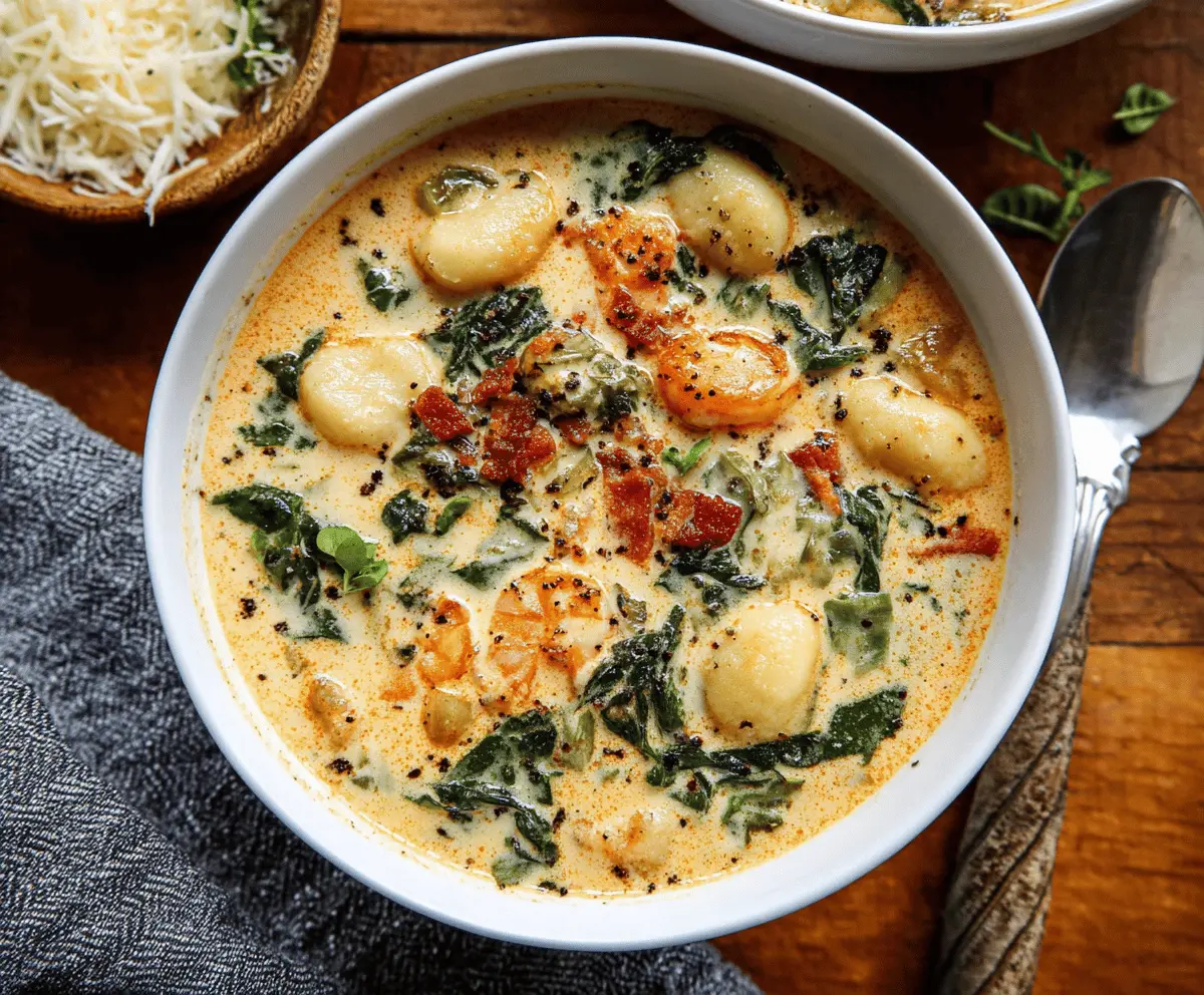 A bowl of creamy gnocchi soup garnished with fresh herbs, showcasing tender gnocchi, spinach, and a rich, velvety broth.