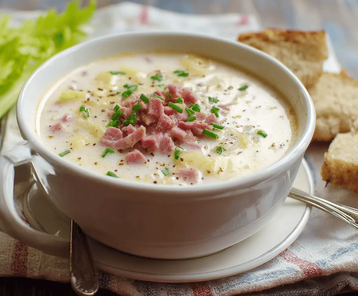 Creamy Reuben Soup served in a bowl with corned beef, sauerkraut, Swiss cheese, and rye bread croutons, garnished with fresh herbs.