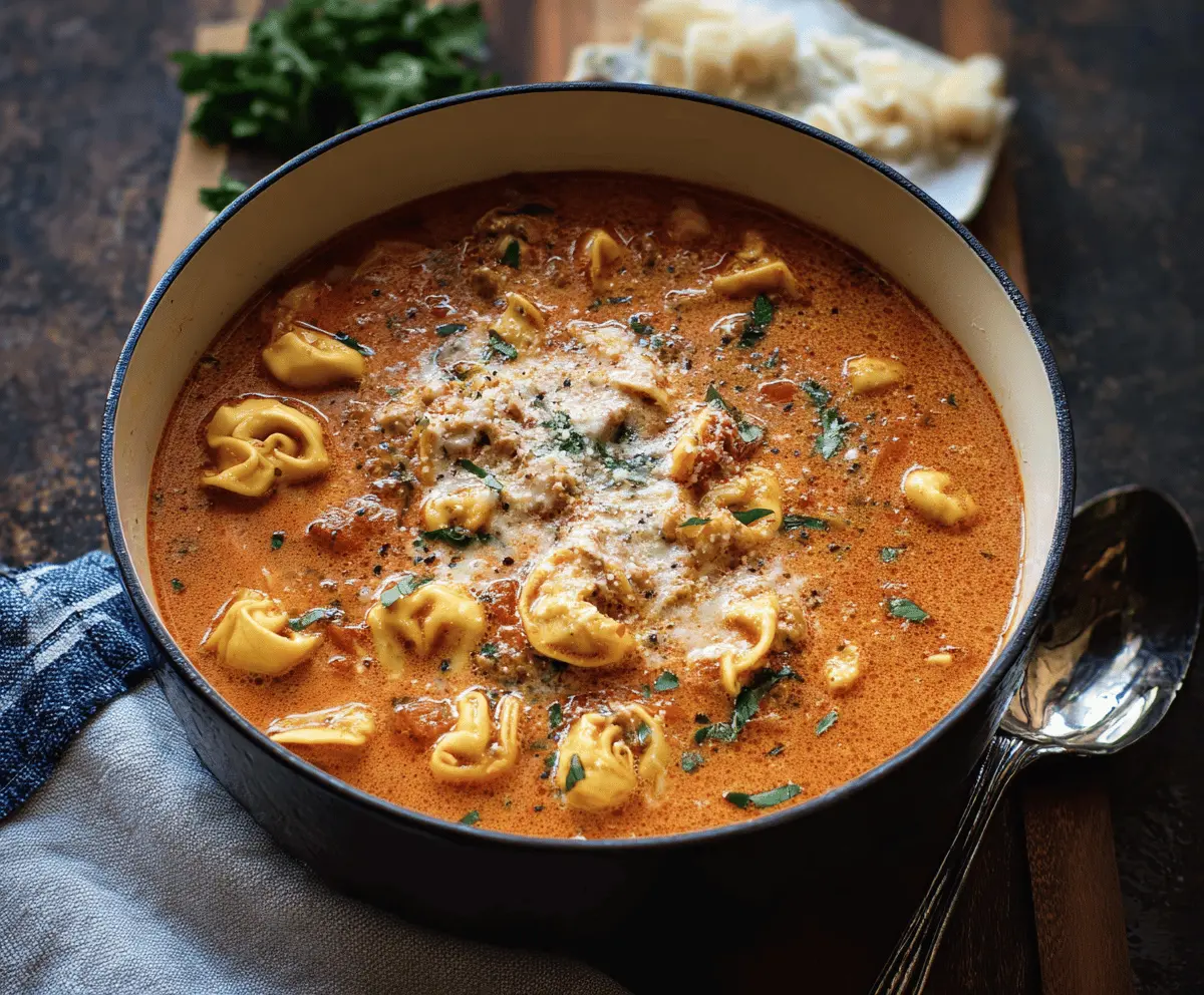 Creamy tortellini lasagna soup in a bowl topped with melted cheese and fresh basil, served with a spoon on a rustic wooden table