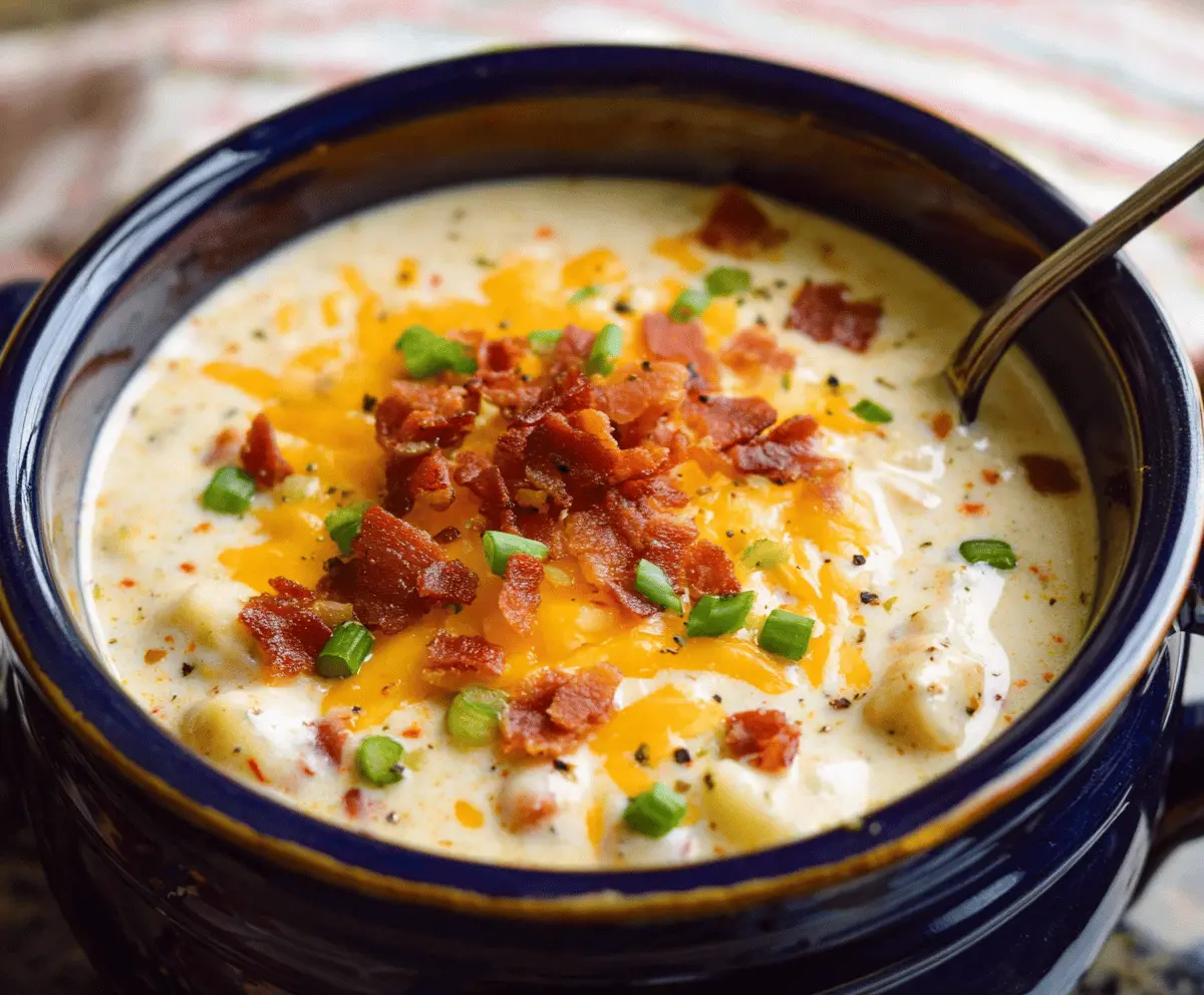 Creamy Crock Pot Crack Potato Soup in a bowl with crispy bacon and fresh herbs, perfect for a comforting, easy-to-make meal