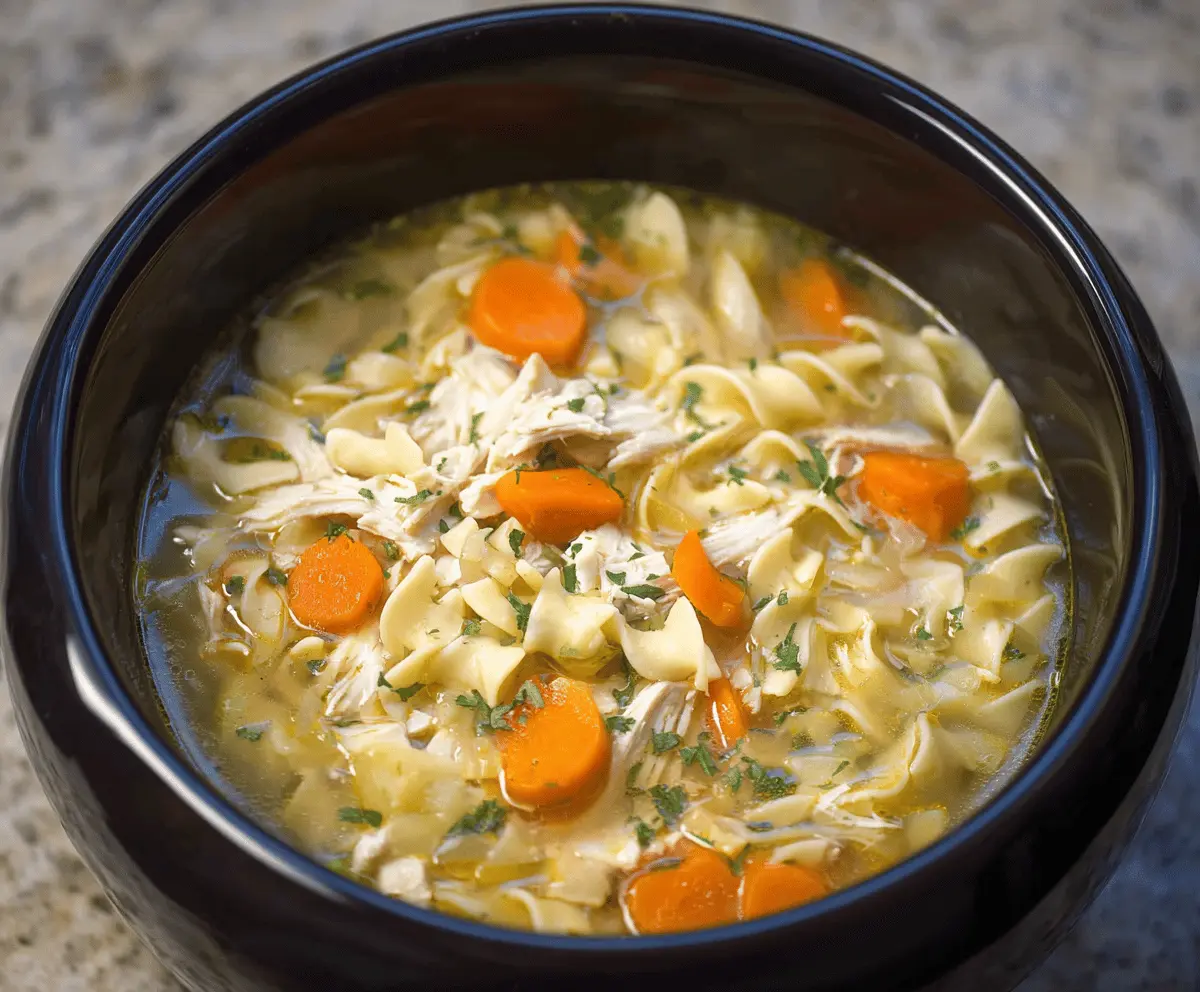 Creamy and comforting Crockpot Chicken Noodle Soup in a bowl, featuring tender chicken, vegetables, and hearty noodles, perfect for cozy meals.