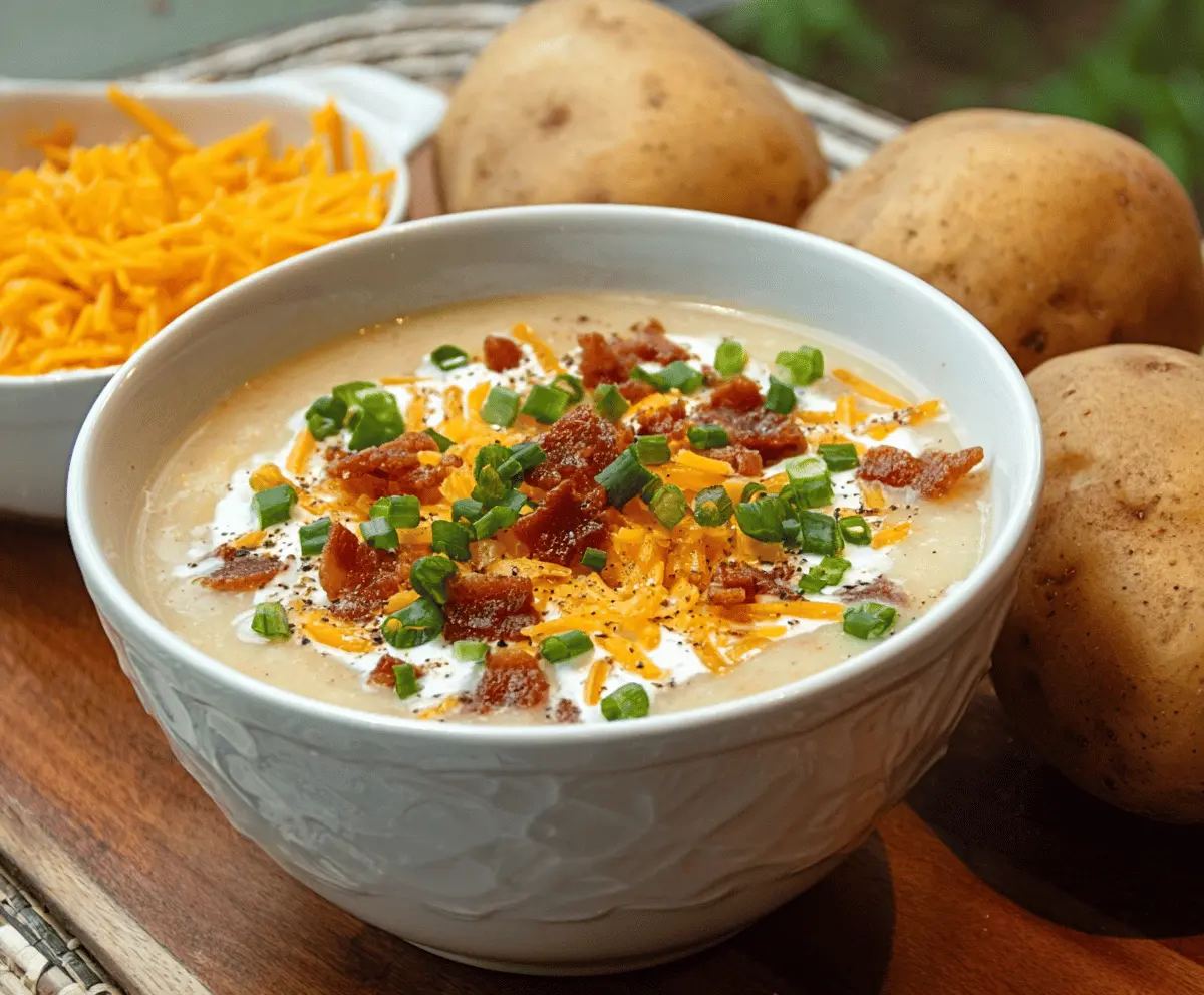 Creamy Crockpot Potato Soup in a bowl topped with chopped herbs and shredded cheese, perfect for a cozy meal