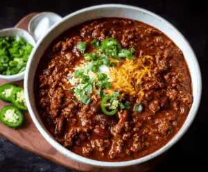 Hearty homemade Dutch Oven Chili in a rustic pot with beans, ground beef, and spices, ready to serve
