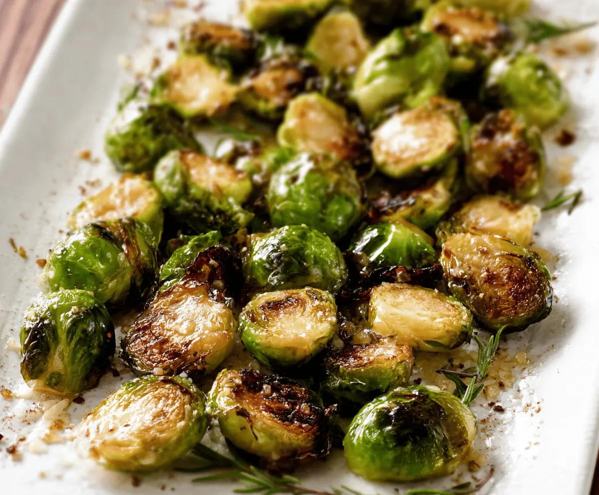 Roasted Brussels sprouts coated in garlic butter garnished with fresh herbs, served as a delicious and healthy side dish.