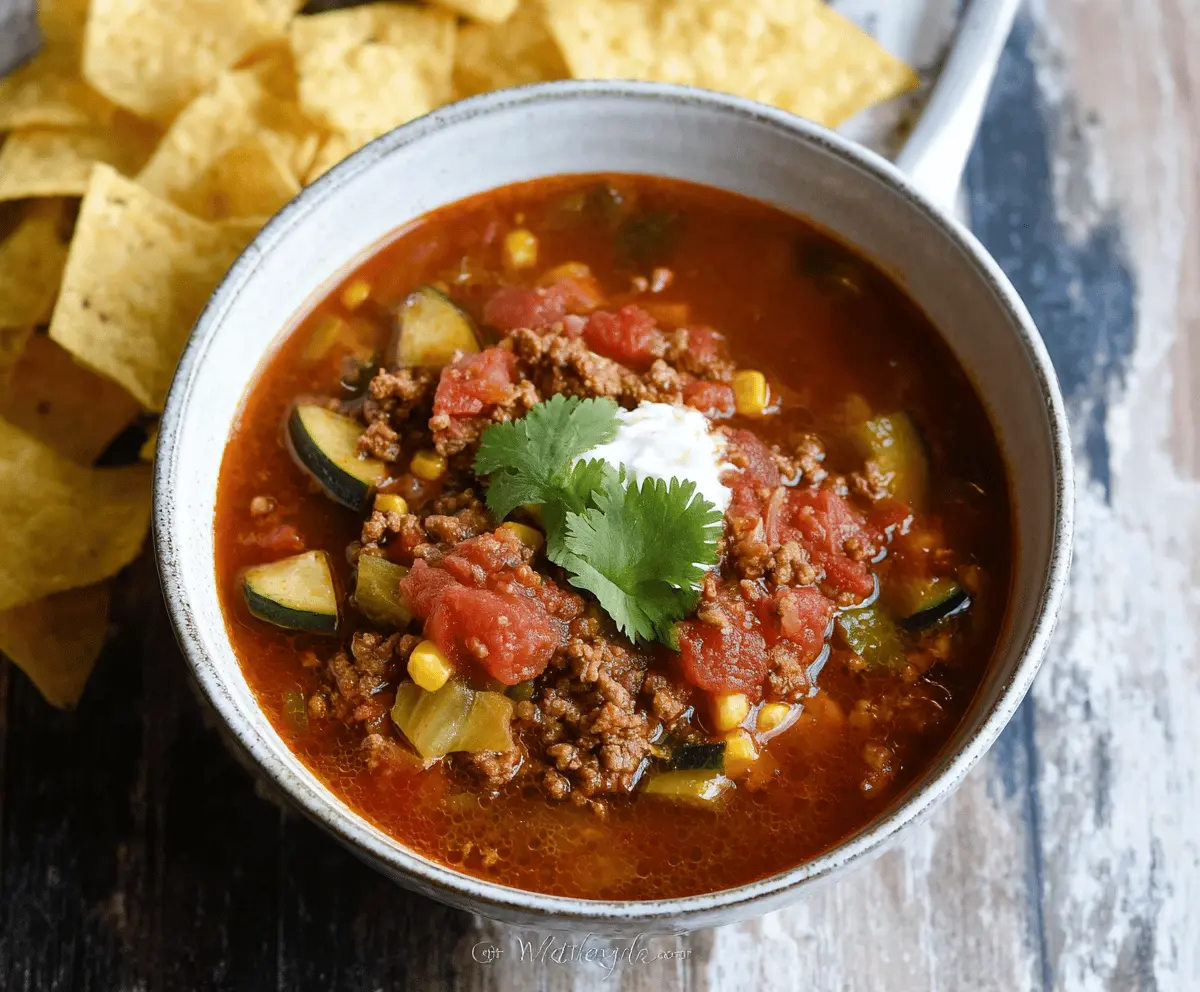 A bowl of hearty gluten-free taco soup topped with shredded cheese, fresh cilantro, and diced tomatoes, served with tortilla chips on the side.
